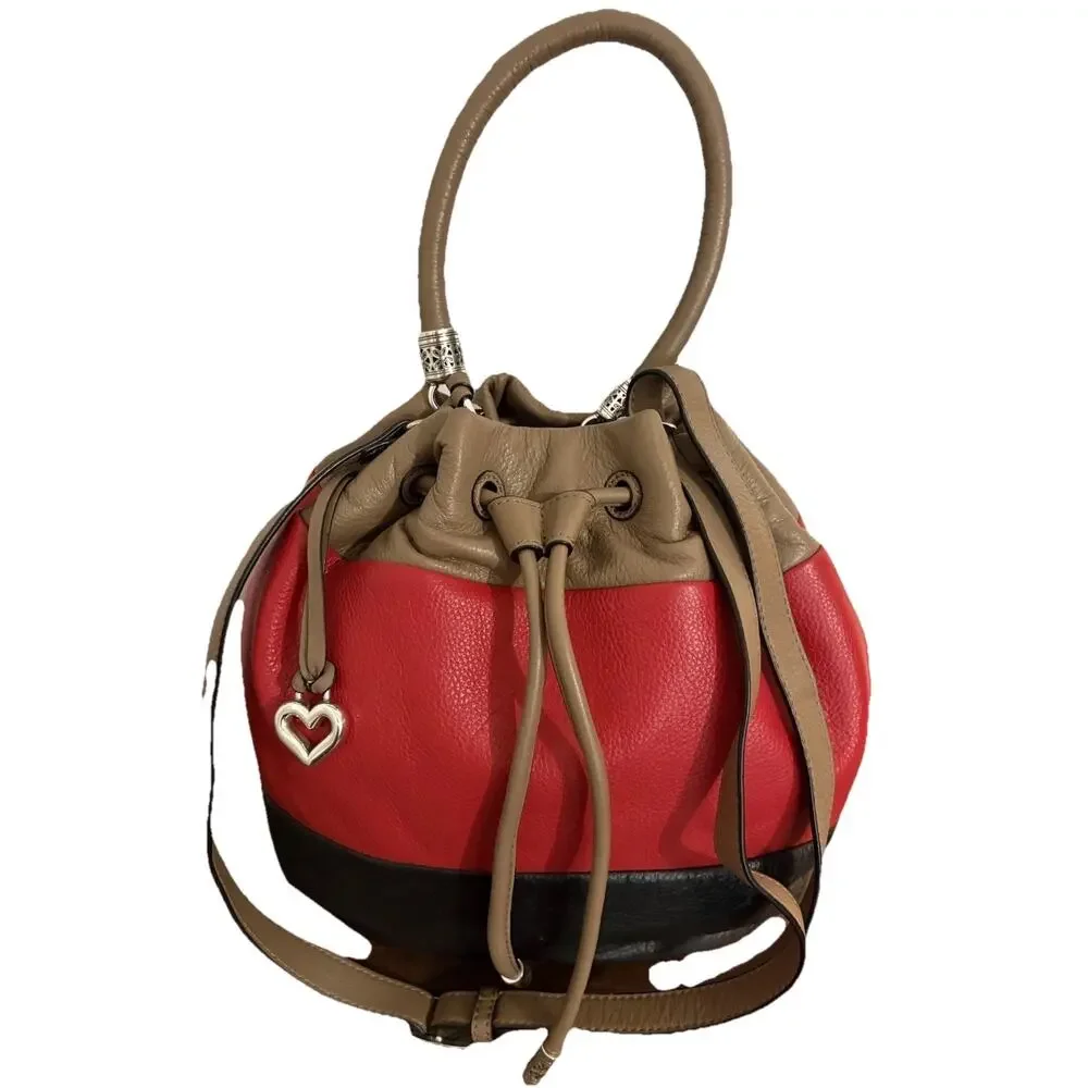 Brighton Handbag Brody Bucket Purse Leather Hobo Drawstring Red Black Taupe